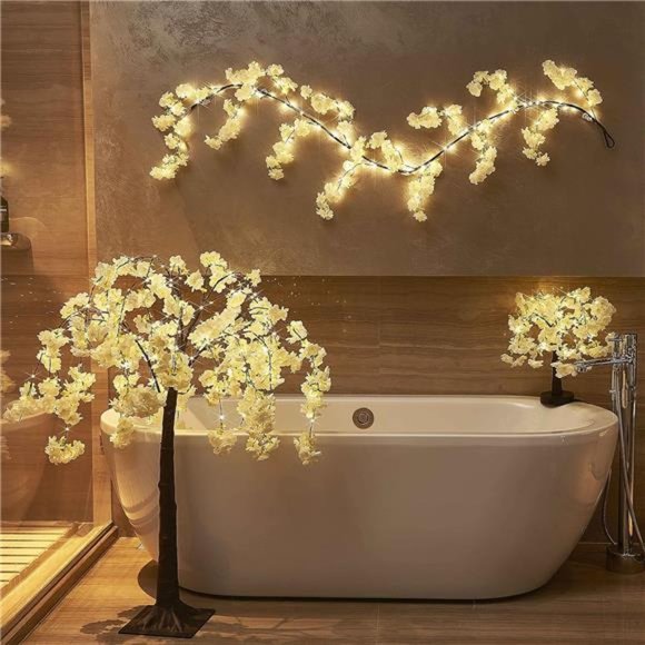 Cherry Blossom Garland with Light Battery Operated with Timer 96 Fairy Light 6FT - Picture 7 of 7